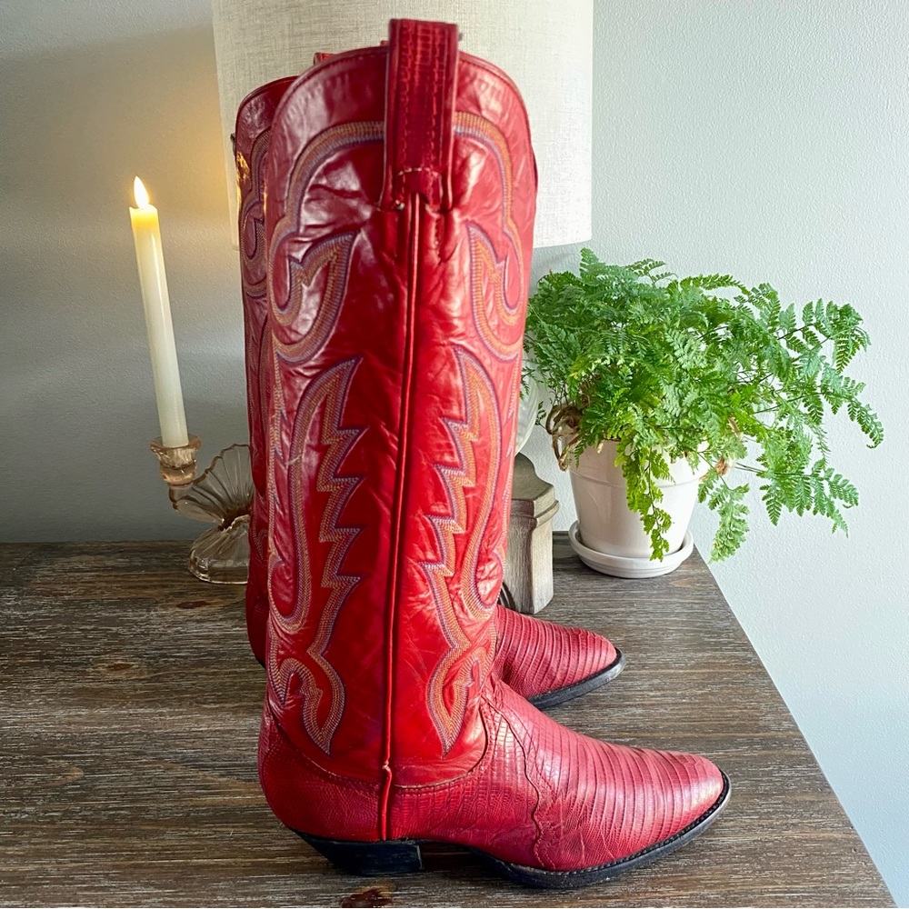 Vtg LARRY MAHAN Exotic Lizard Leather Tall Western Cowboy Boots Womens 8B Red - Picture 4 of 16